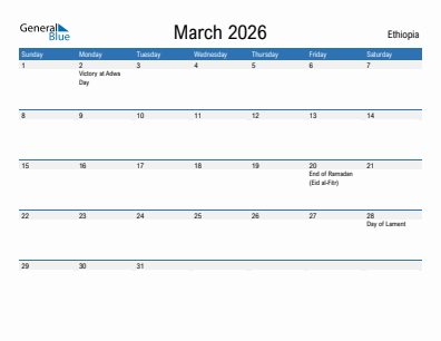Current month calendar with Ethiopia holidays for March 2026