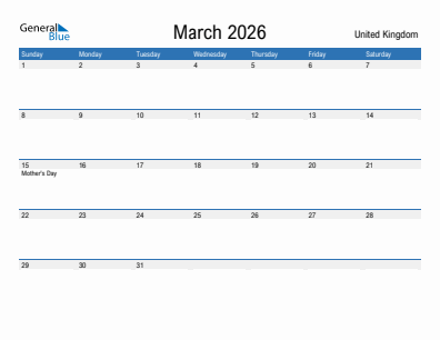 Current month calendar with United Kingdom holidays for March 2026