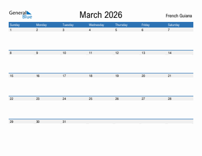 Current month calendar with French Guiana holidays for March 2026