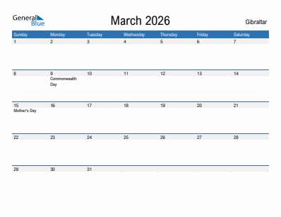 Current month calendar with Gibraltar holidays for March 2026