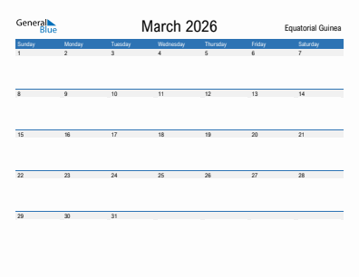 Current month calendar with Equatorial Guinea holidays for March 2026