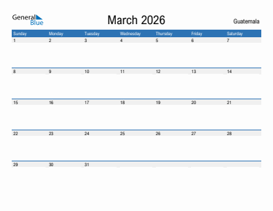 Current month calendar with Guatemala holidays for March 2026