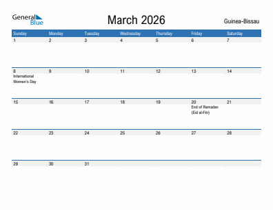 Current month calendar with Guinea-Bissau holidays for March 2026