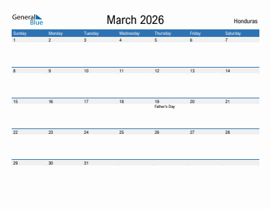 Current month calendar with Honduras holidays for March 2026