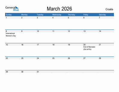 Current month calendar with Croatia holidays for March 2026