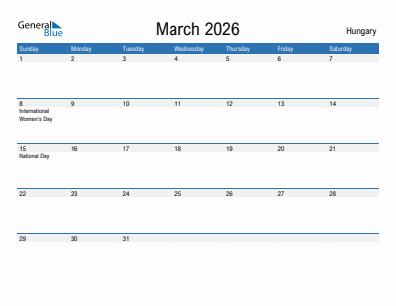 Current month calendar with Hungary holidays for March 2026