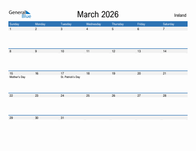 Current month calendar with Ireland holidays for March 2026