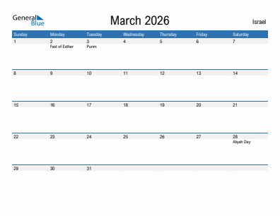 Current month calendar with Israel holidays for March 2026