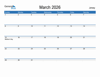 Current month calendar with Jersey holidays for March 2026