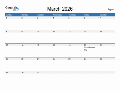 Current month calendar with Japan holidays for March 2026