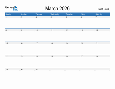 Current month calendar with Saint Lucia holidays for March 2026