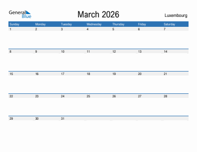 Current month calendar with Luxembourg holidays for March 2026