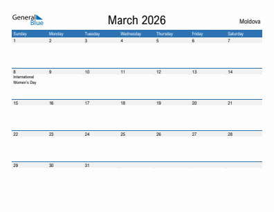 Current month calendar with Moldova holidays for March 2026