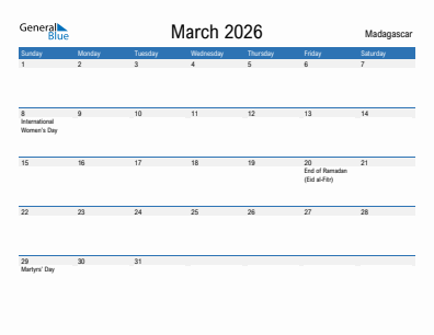 Current month calendar with Madagascar holidays for March 2026