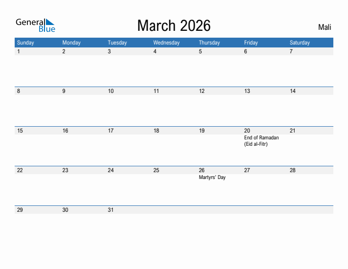 Fillable March 2026 Calendar