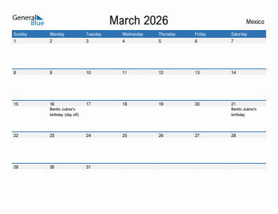 Current month calendar with Mexico holidays for March 2026
