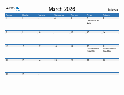 Current month calendar with Malaysia holidays for March 2026