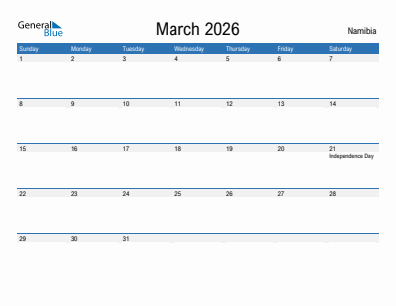 Current month calendar with Namibia holidays for March 2026