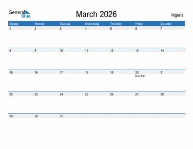 Current month calendar with Nigeria holidays for March 2026