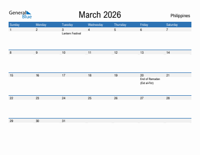Current month calendar with Philippines holidays for March 2026