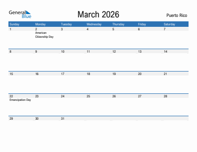 Current month calendar with Puerto Rico holidays for March 2026