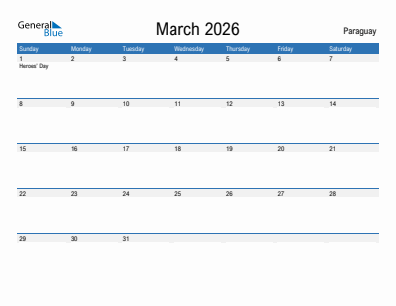 Current month calendar with Paraguay holidays for March 2026