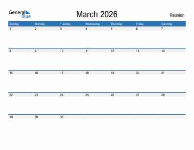 Current month calendar with Reunion holidays for March 2026