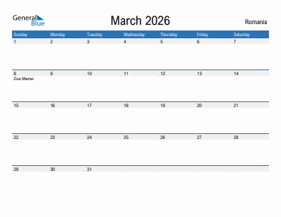Current month calendar with Romania holidays for March 2026