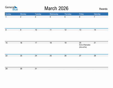 Current month calendar with Rwanda holidays for March 2026