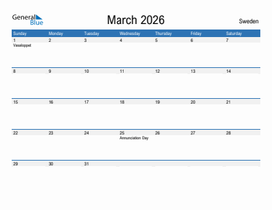 Current month calendar with Sweden holidays for March 2026