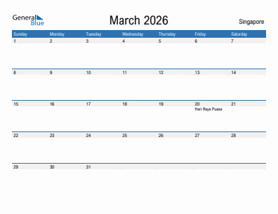 Current month calendar with Singapore holidays for March 2026