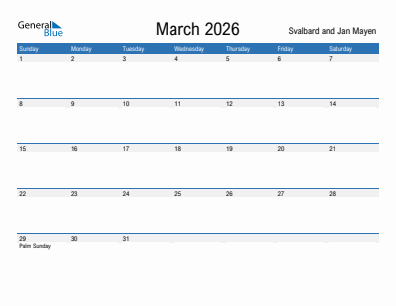 Current month calendar with Svalbard and Jan Mayen holidays for March 2026