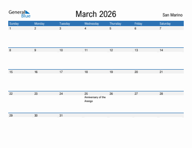 Current month calendar with San Marino holidays for March 2026