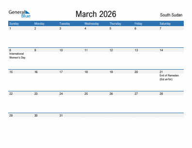 Current month calendar with South Sudan holidays for March 2026