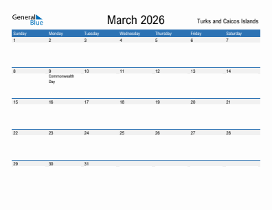 Current month calendar with Turks and Caicos Islands holidays for March 2026