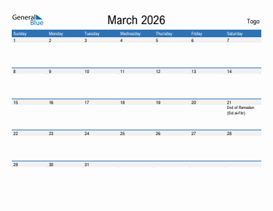 Current month calendar with Togo holidays for March 2026
