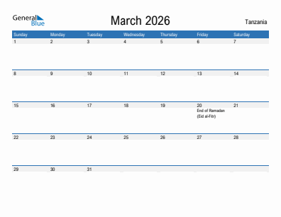 Current month calendar with Tanzania holidays for March 2026