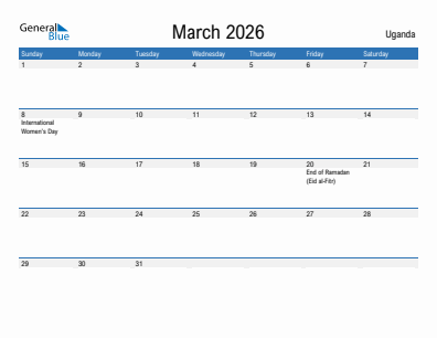 Current month calendar with Uganda holidays for March 2026