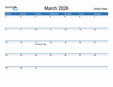 Current month calendar with United States holidays for March 2026