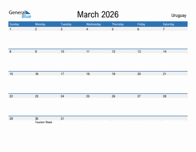 Current month calendar with Uruguay holidays for March 2026