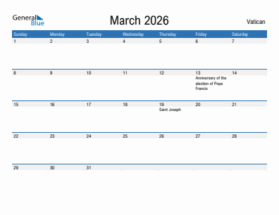 Current month calendar with Vatican holidays for March 2026