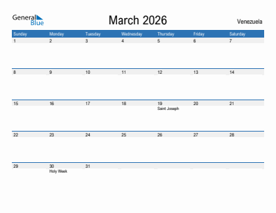 Current month calendar with Venezuela holidays for March 2026