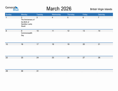Current month calendar with British Virgin Islands holidays for March 2026