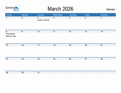 Current month calendar with Vietnam holidays for March 2026