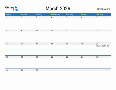 Current month calendar with South Africa holidays for March 2026
