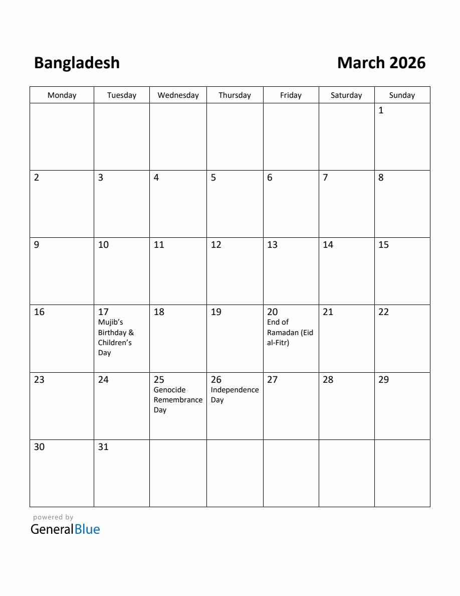 Free Printable March 2026 Calendar for Bangladesh
