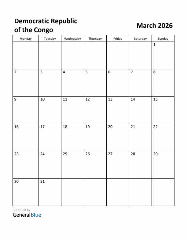 March 2026 Calendar with Democratic Republic of the Congo Holidays
