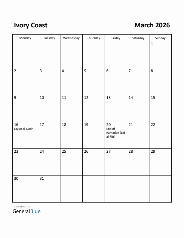March 2026 Calendar with Ivory Coast Holidays