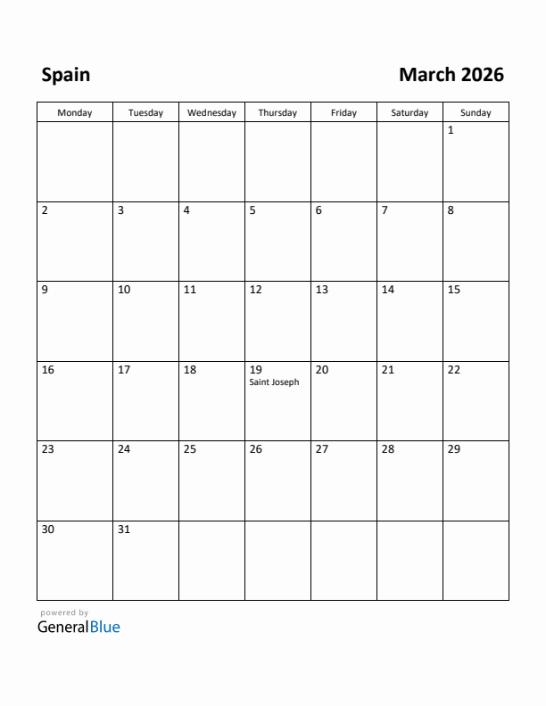 March 2026 Calendar with Spain Holidays