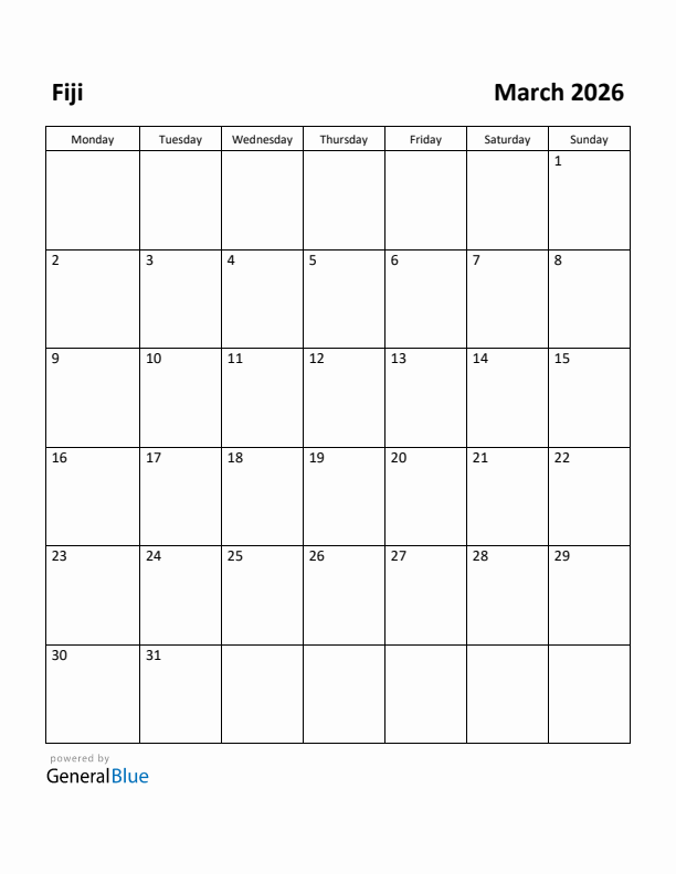 March 2026 Calendar with Fiji Holidays